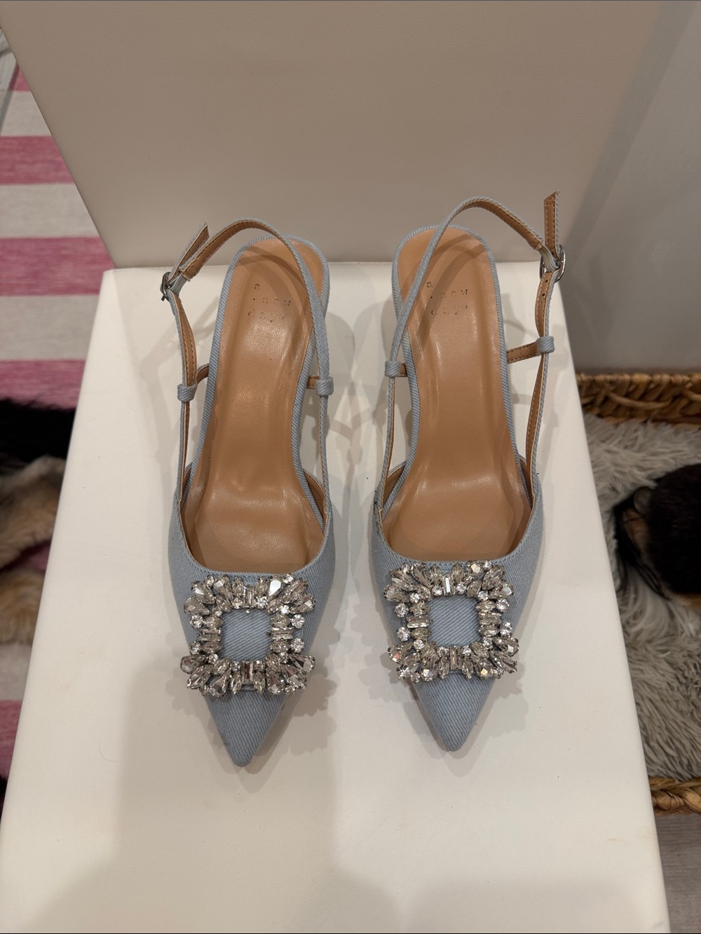 a new day Powder Blue Pointed Slingback Heels with Crystal Buckles